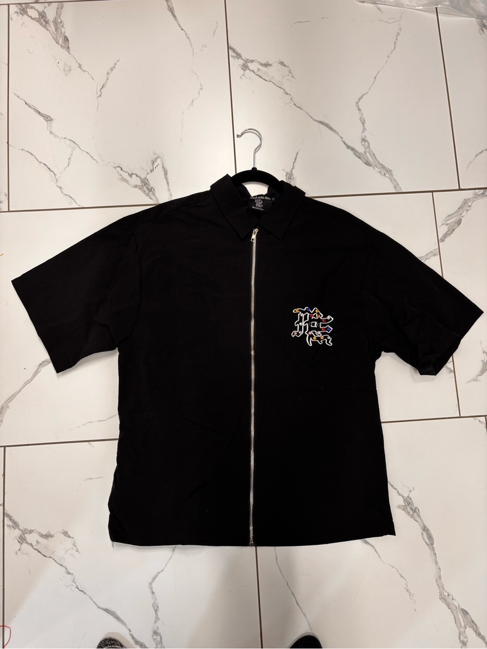 Black Short-Sleeve Zip Shirt Jacket with Chest Patch